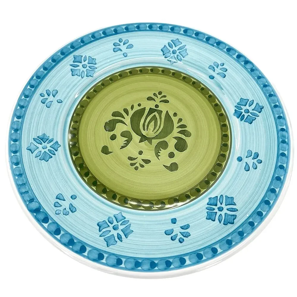 2 Williams Sonoma Italy Blue and Green Stencil Hand Painted Dinner Plates 11”